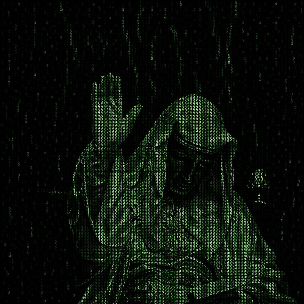 Matrix style goblin ape saluting in green code rain