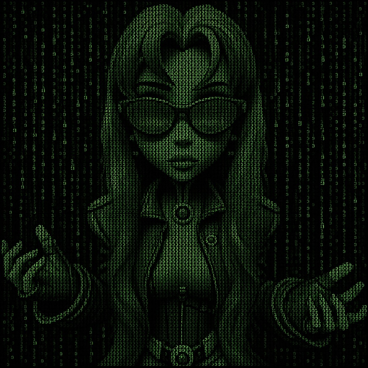 Goblin hacker with glasses and headphones in green code