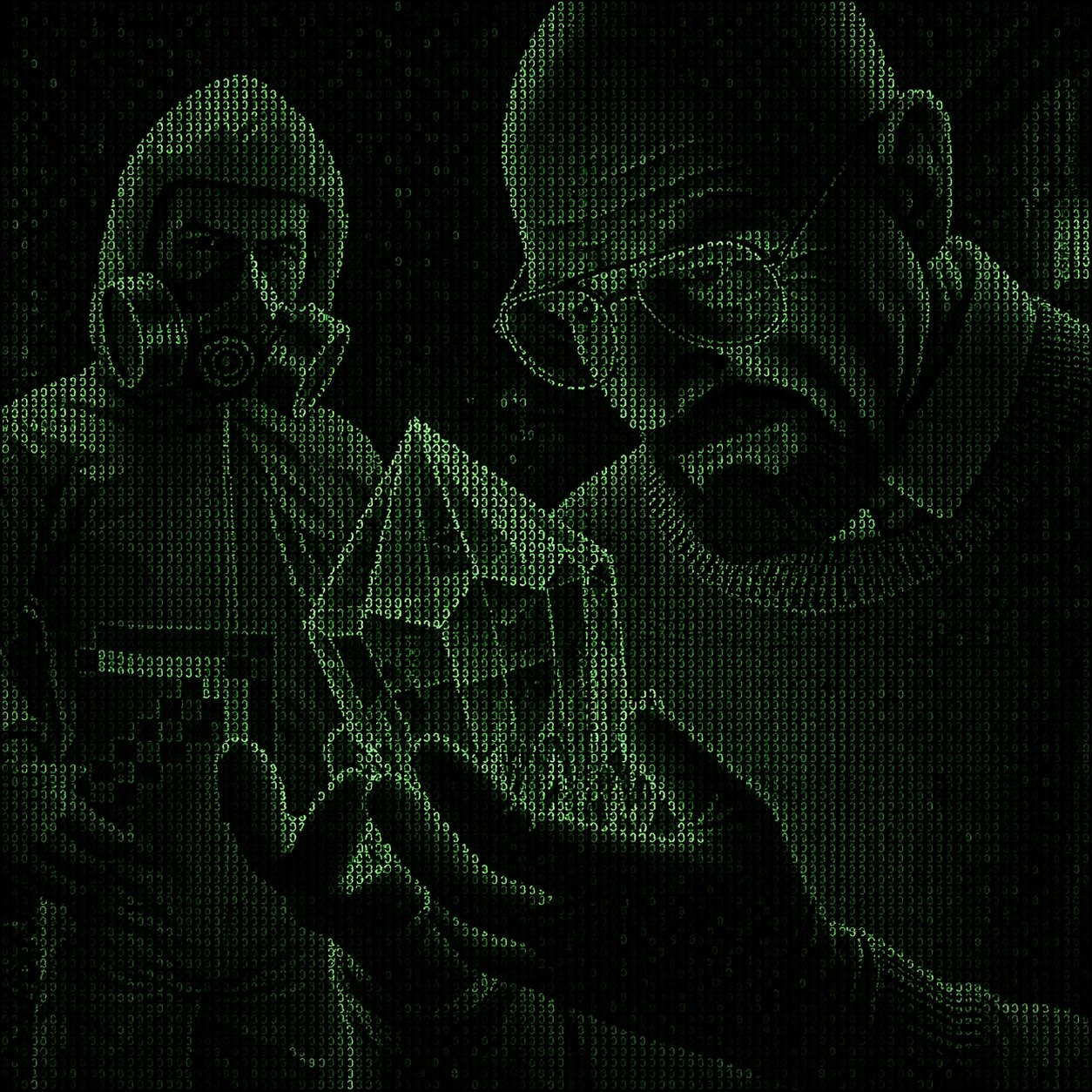 Two goblin mode figures wearing masks in matrix rain