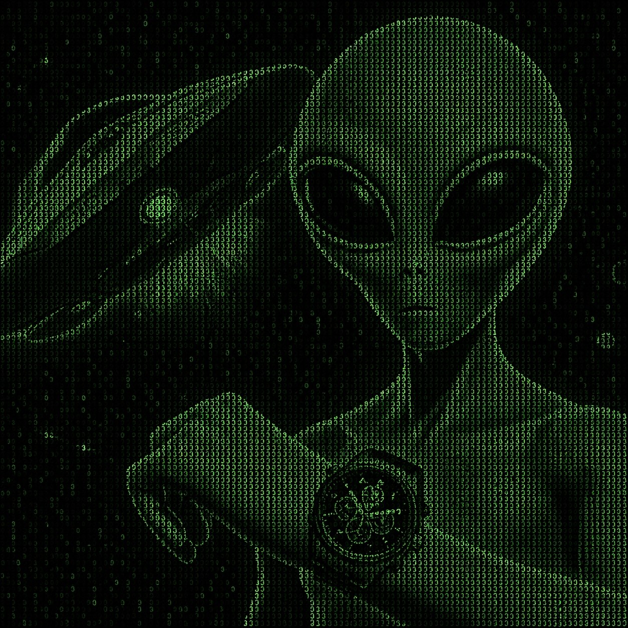 Goblin beside a rocket in phosphor green code