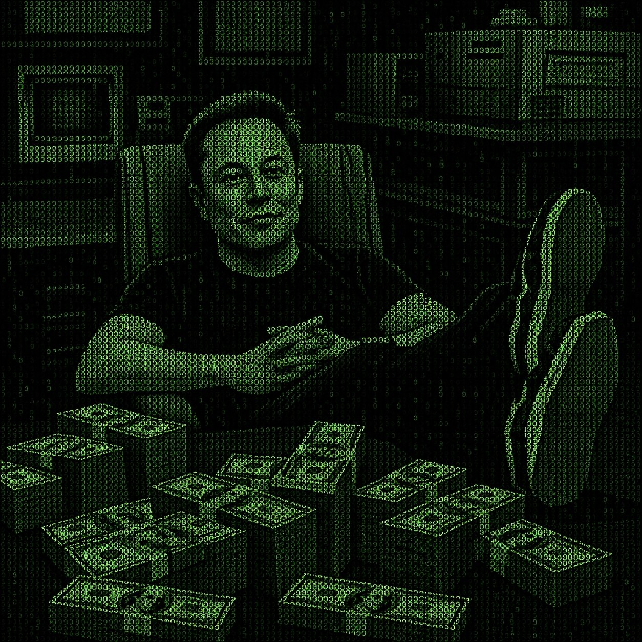 Goblin trader surrounded by screens and scattered money